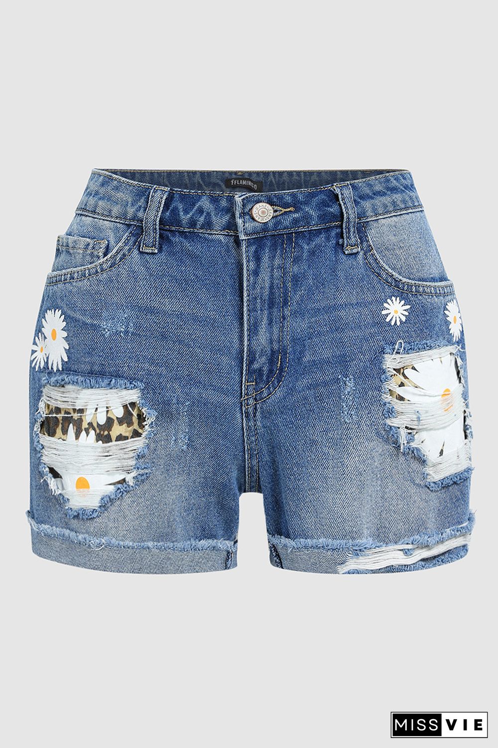 Floral Print Ripped Raw Edge Denim Shorts