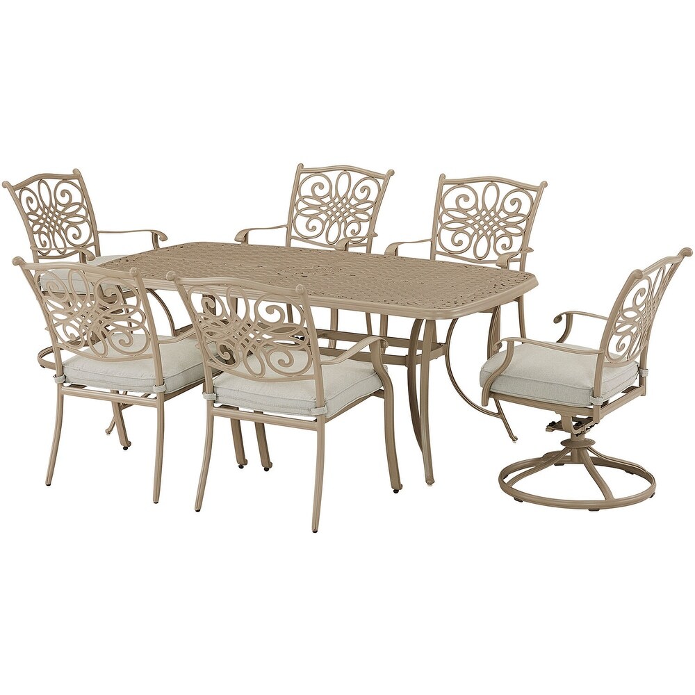 Hanover Traditions 7 Piece Dining Set with 4 Stationary Chairs  2 Swivel Rockers  and 38 In. x 72 In. Cast top Table  Sand