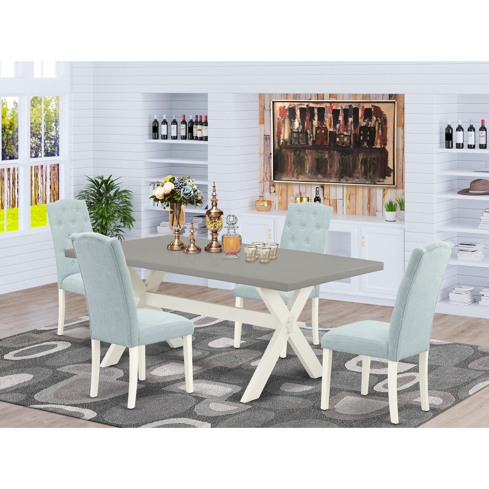 East West Furniture Dining Table Set  a Dining Table and Baby Blue Linen Fabric Upholstered Chairs  Linen White(Pieces Options)