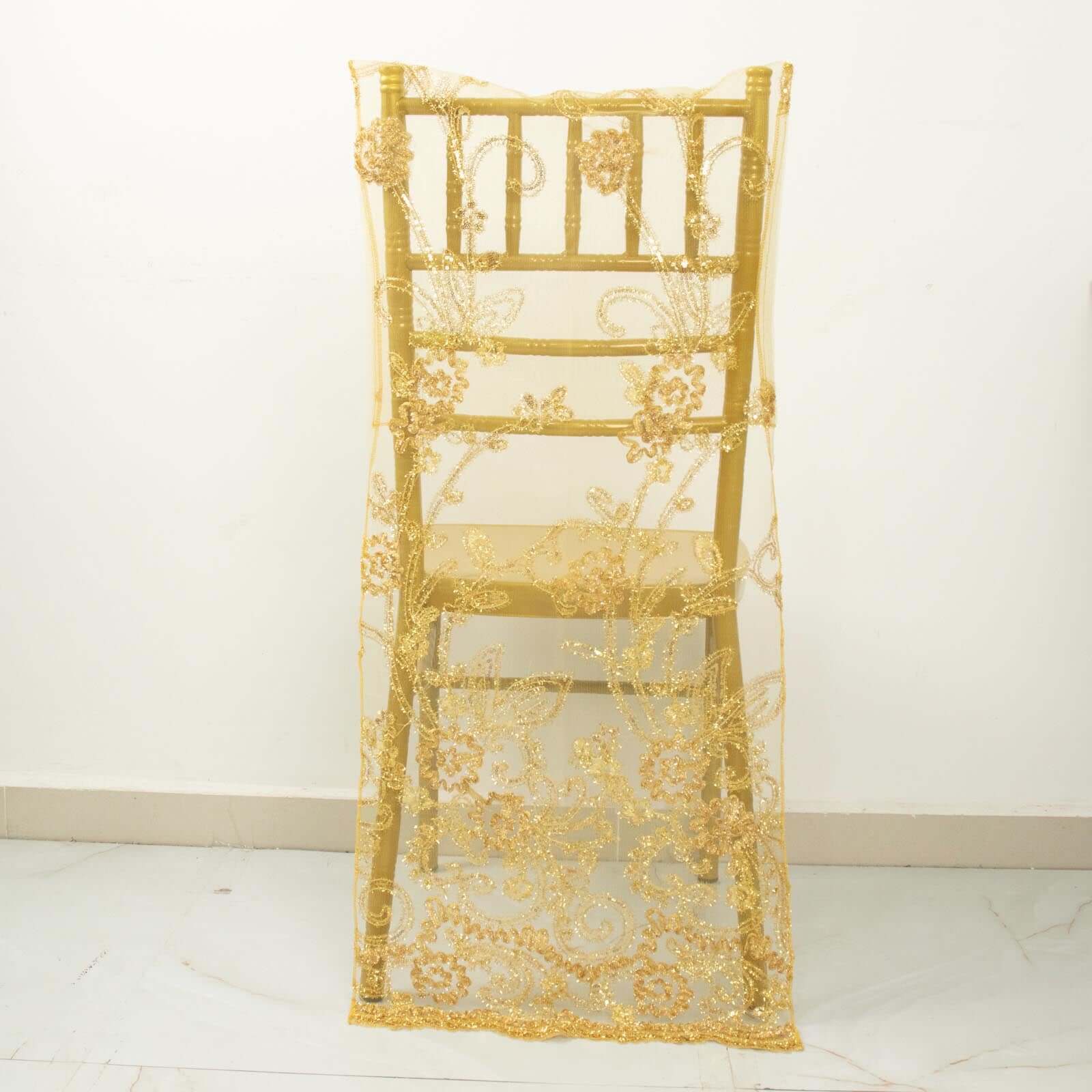 Gold Organza Floral Sequin Embroidered Wedding Chiavari Slipcover, Wedding Chair Back Lace Cover