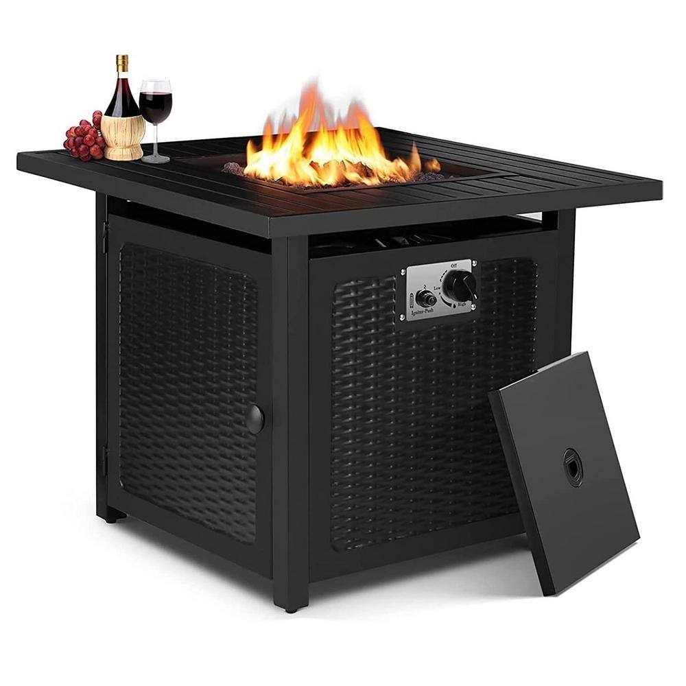 Oakville Furniture 28 in. Outdoor Square Black Rattan Style Powder Coated Steel Gas Propane Fire Pit Table WLava Rock OVF-SLFPT28