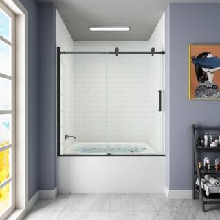 HOROW 55 in. - 59 in. W x 60 in. H Contemporary Single Sliding Frameless Bathtub Door in Matte Black with Clear Glass HR-TE5960MB