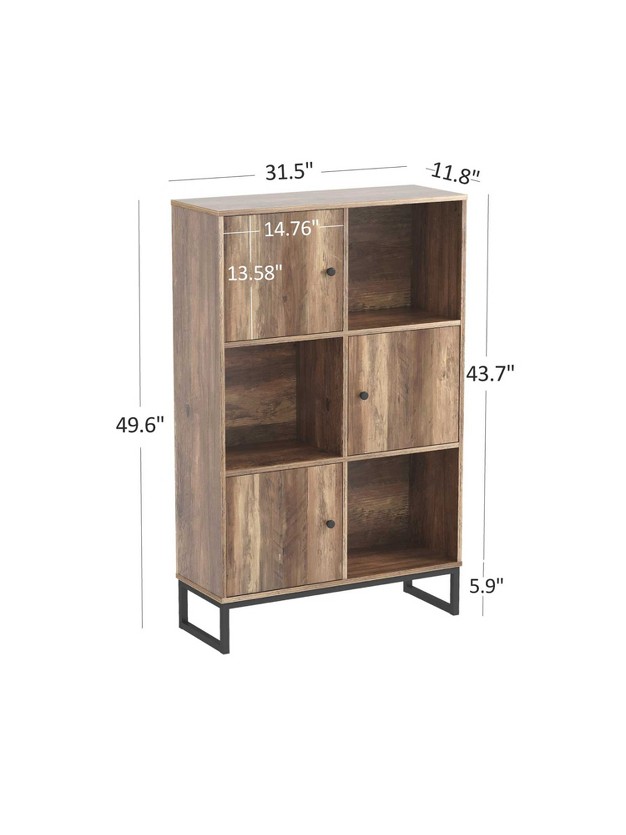 Year Color 3 Tier Free standing Modern Open Brown Wood Narrow Bookcase With Doors Legs And 2x3 Cube Storage Organizer For Office Or Library