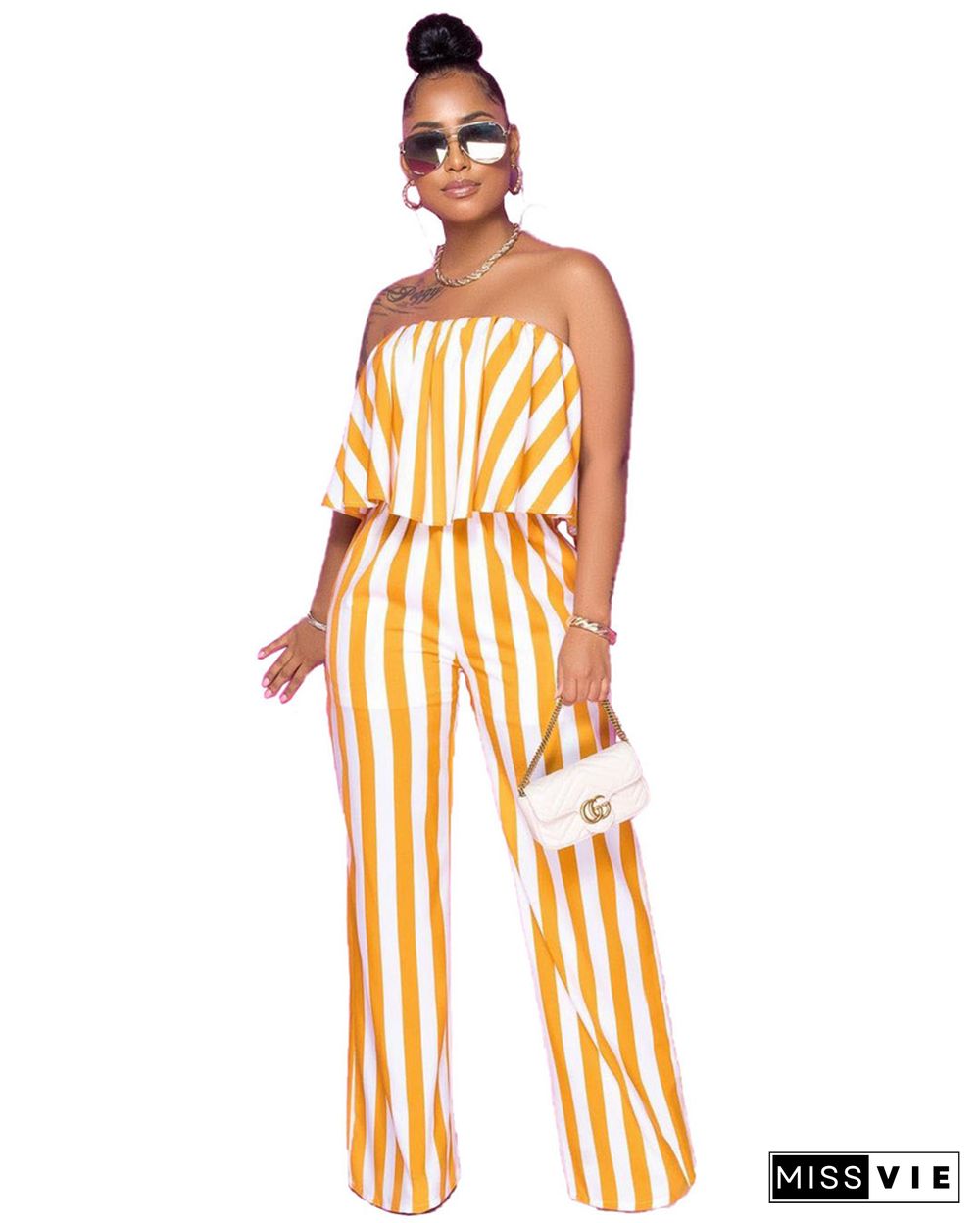 Striped Strapless Crop Tops Wide Leg Long Pants 2PCS