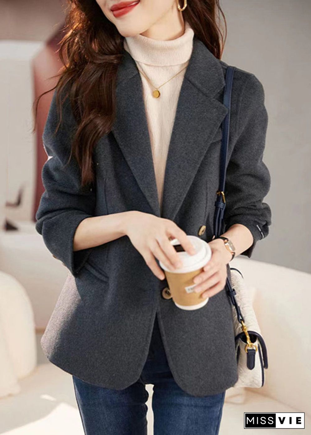 New Grey Notched Button Patchwork Woolen Coat Long Sleeve