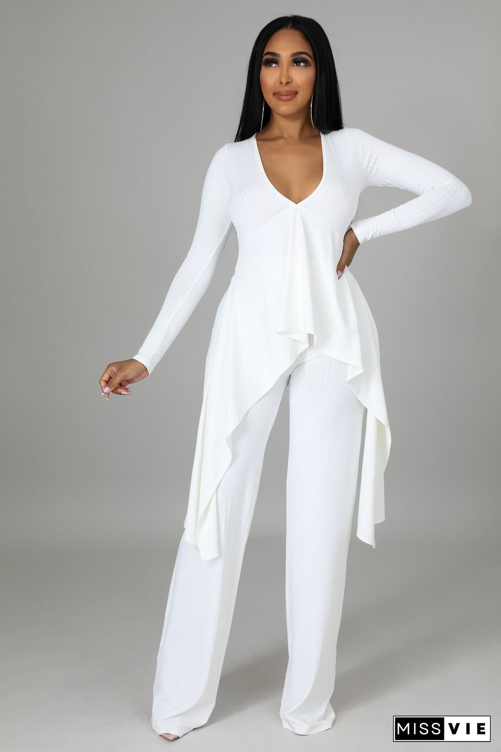 V Neck Irregular Top Straight-leg Pants Set