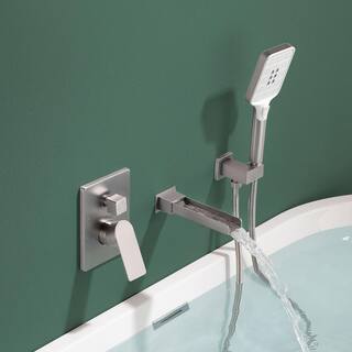 FLG Single-Handle Wall-Mount Roman Tub Faucet with Hand Shower Waterfall Bathtub Filler in Brushed Nickel SS-0028-BN