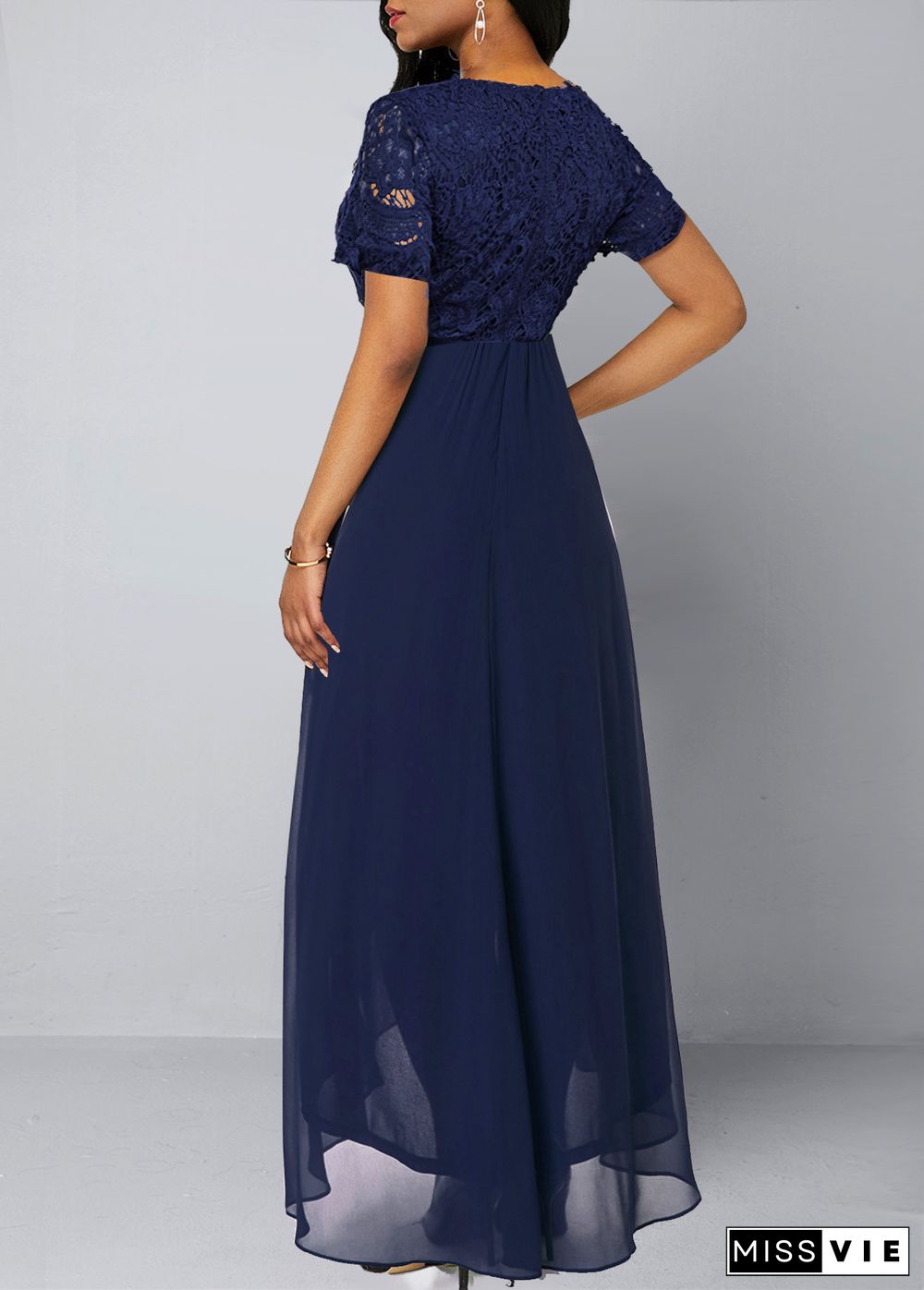 Chiffon Lace Stitching Asymmetric Hem Navy Blue Dress