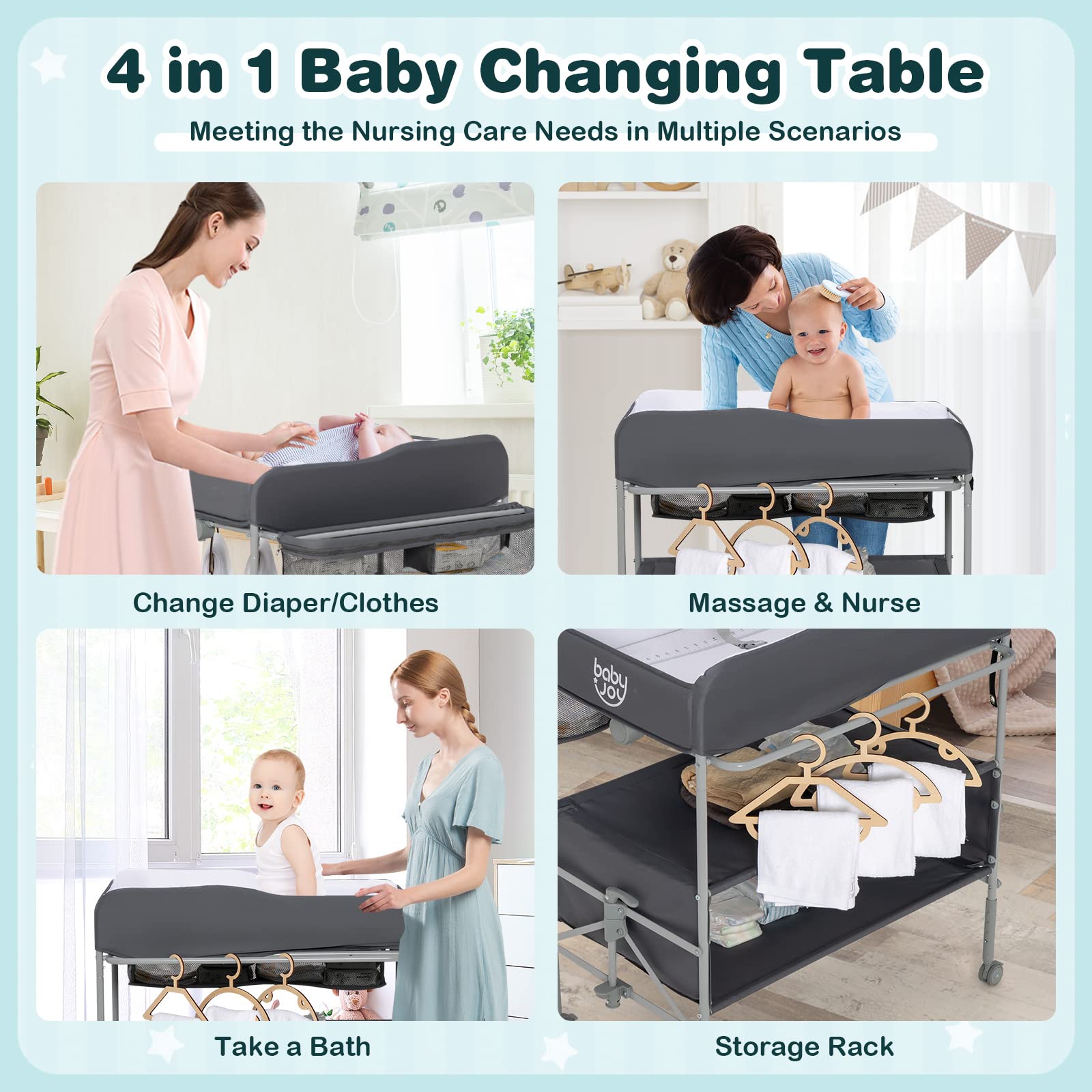 Costzon Portable Baby Changing Table, Foldable Infant Diaper Changing Station, Newborn Nursery Organizer w/ 4 Lockable Wheels