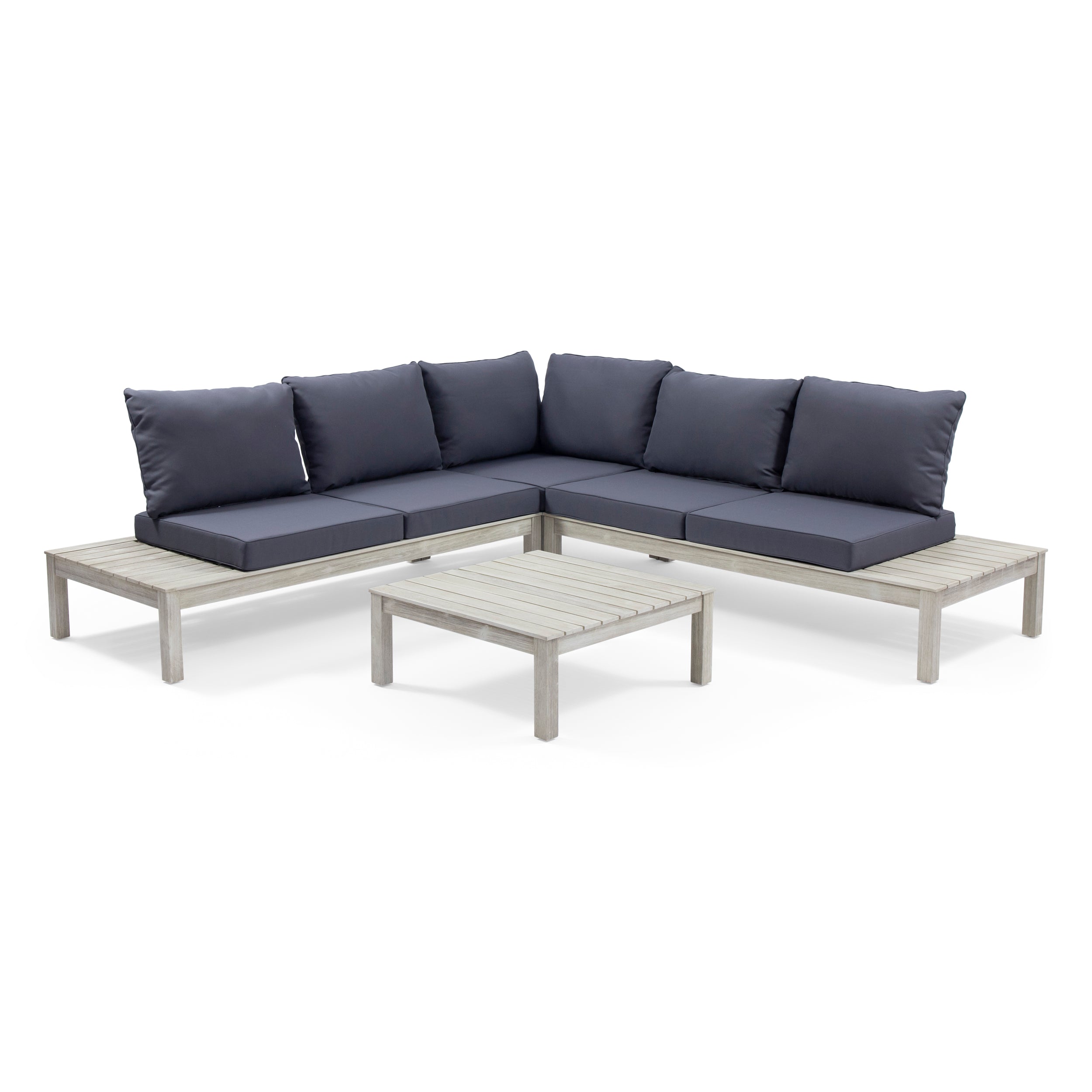 Vashti Outdoor 5 Seater V Shaped Acacia Wood Sectional Sofa Set with Cushions