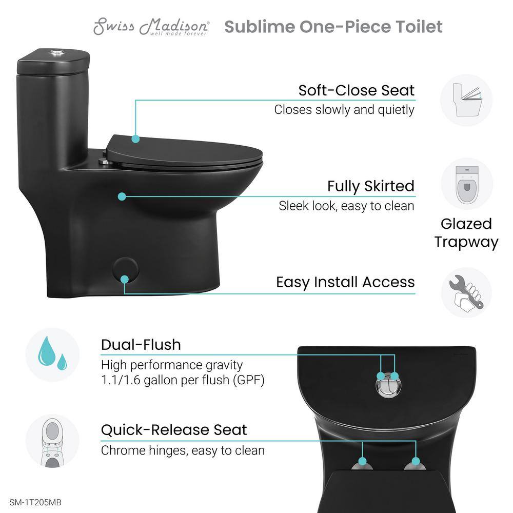 Swiss Madison Sublime 1-piece 1.11.6 GPF Dual Flush Elongated Toilet in Matte Black Seat Included SM-1T205MB