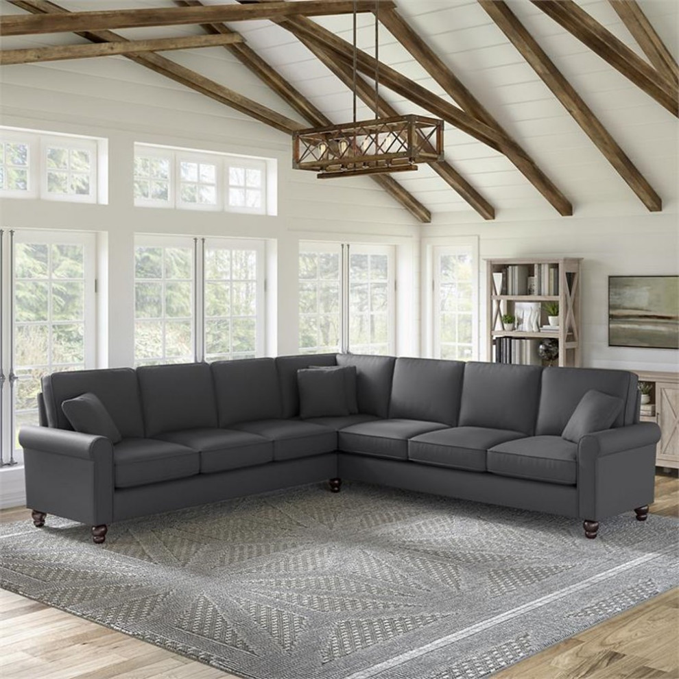 Pemberly Row 111W L Shaped Sectional Couch in Charcoal Gray Herringbone Fabric   Traditional   Sectional Sofas   by Homesquare  Houzz