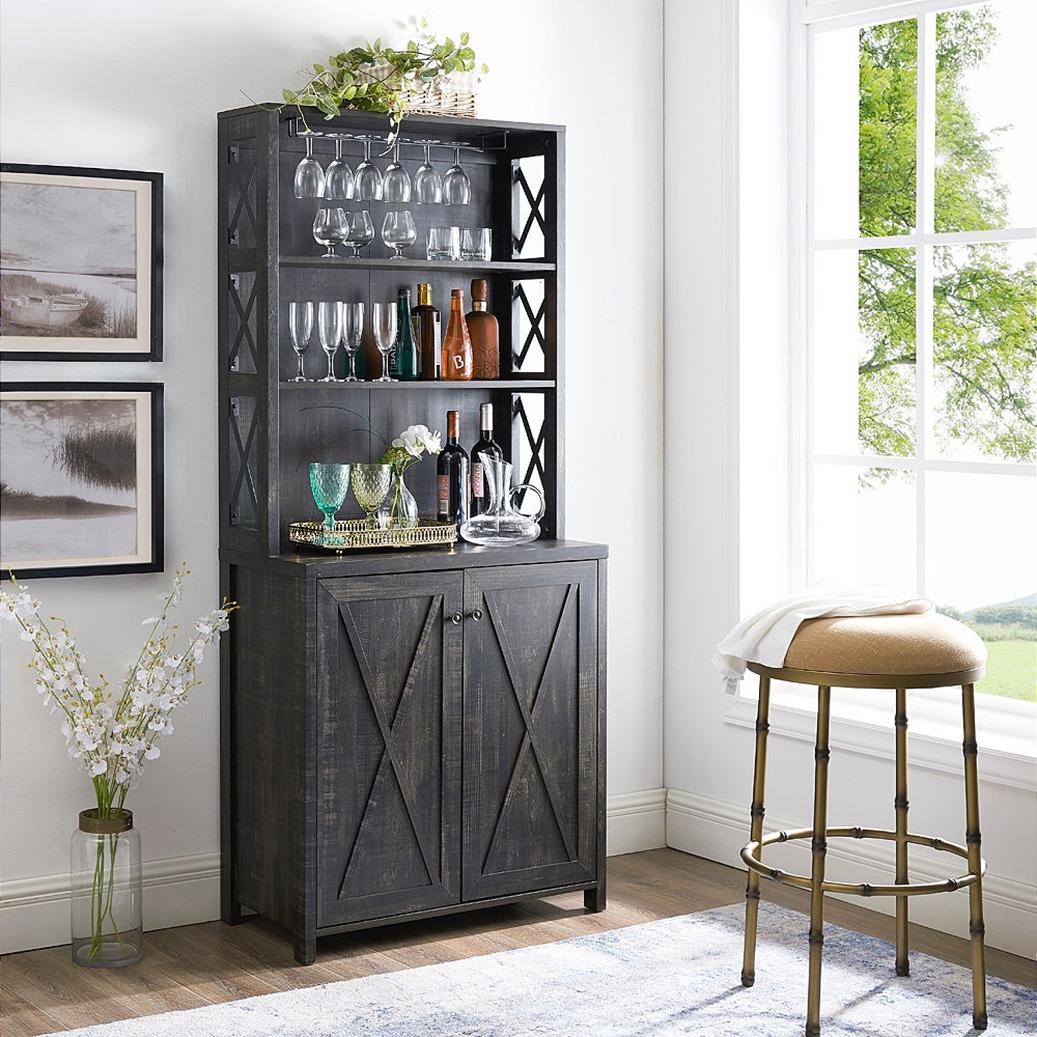 Gramercy Way Elegant Charcoal Bar Cabinet | kitchen Cabinet with Microwave Stand