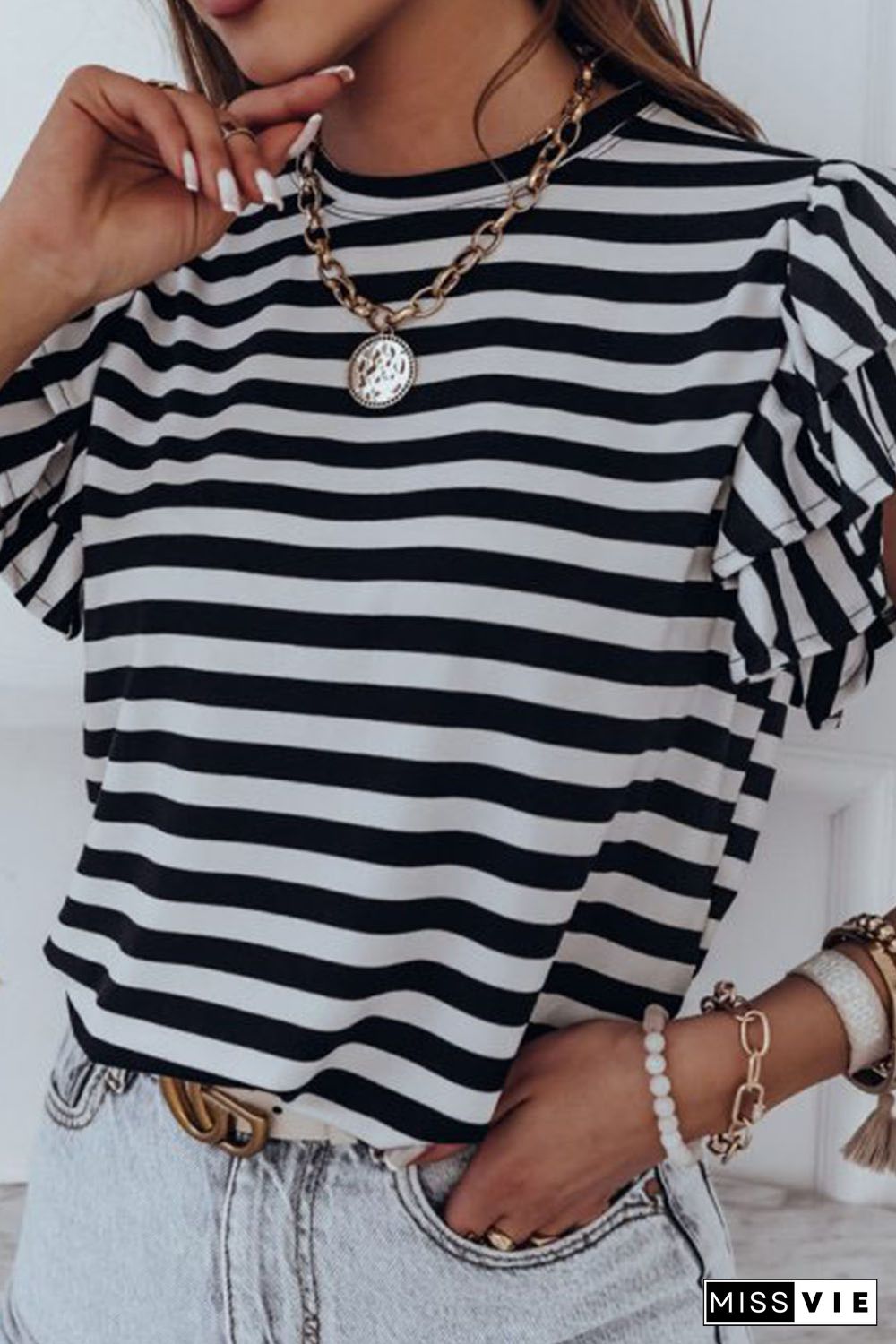 White Stripe Print Tiered Ruffled Sleeve Tee