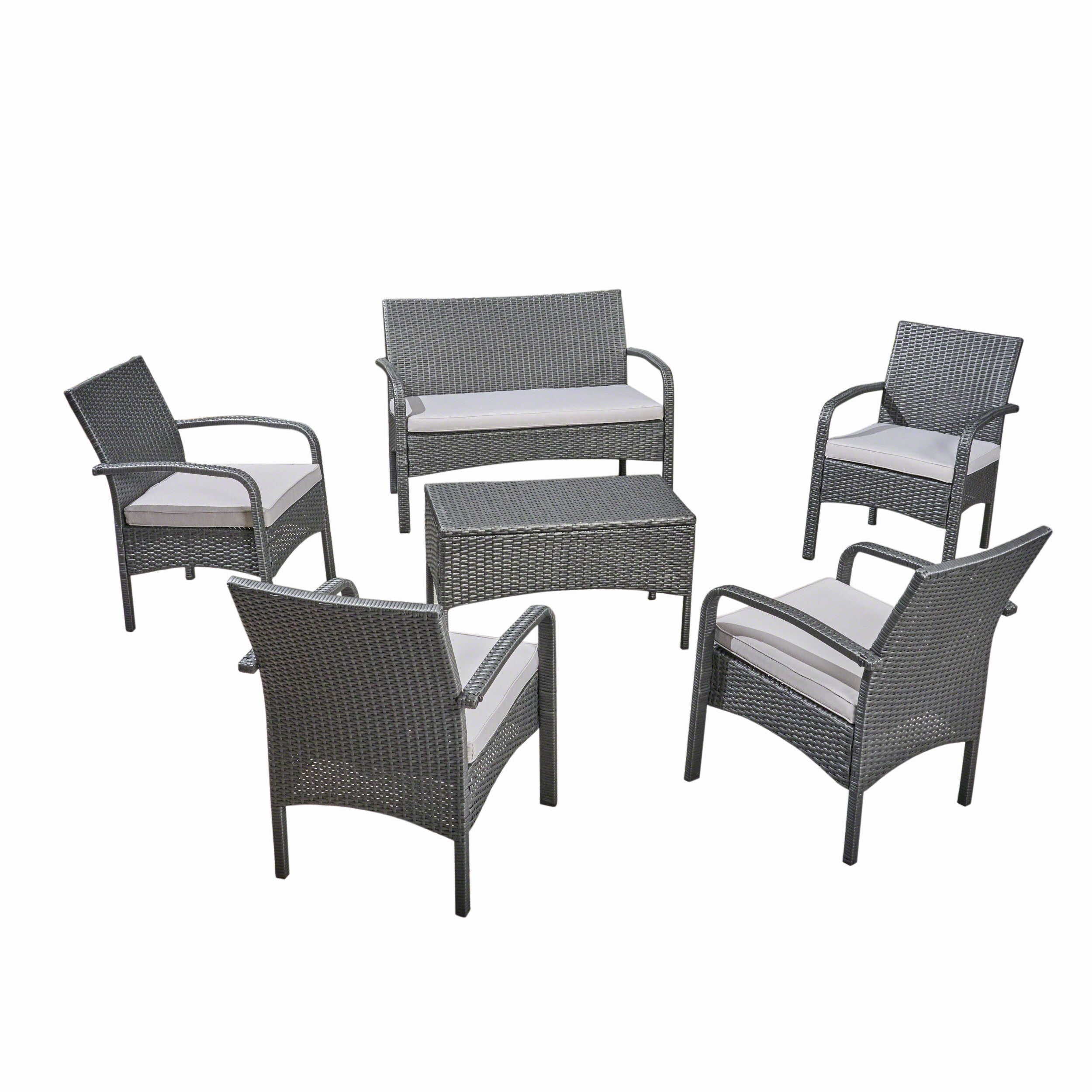 Mavis Patio Conversation Set, 6-Seater with Loveseat, Club Chairs, and Coffee Table, Gray Wicker with Light Gray Outdoor Cushions