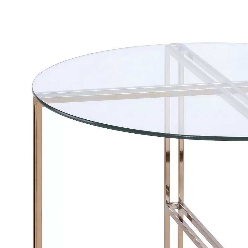 Coffee Table with X Shaped Metal Base and Round Glass Top， Gold