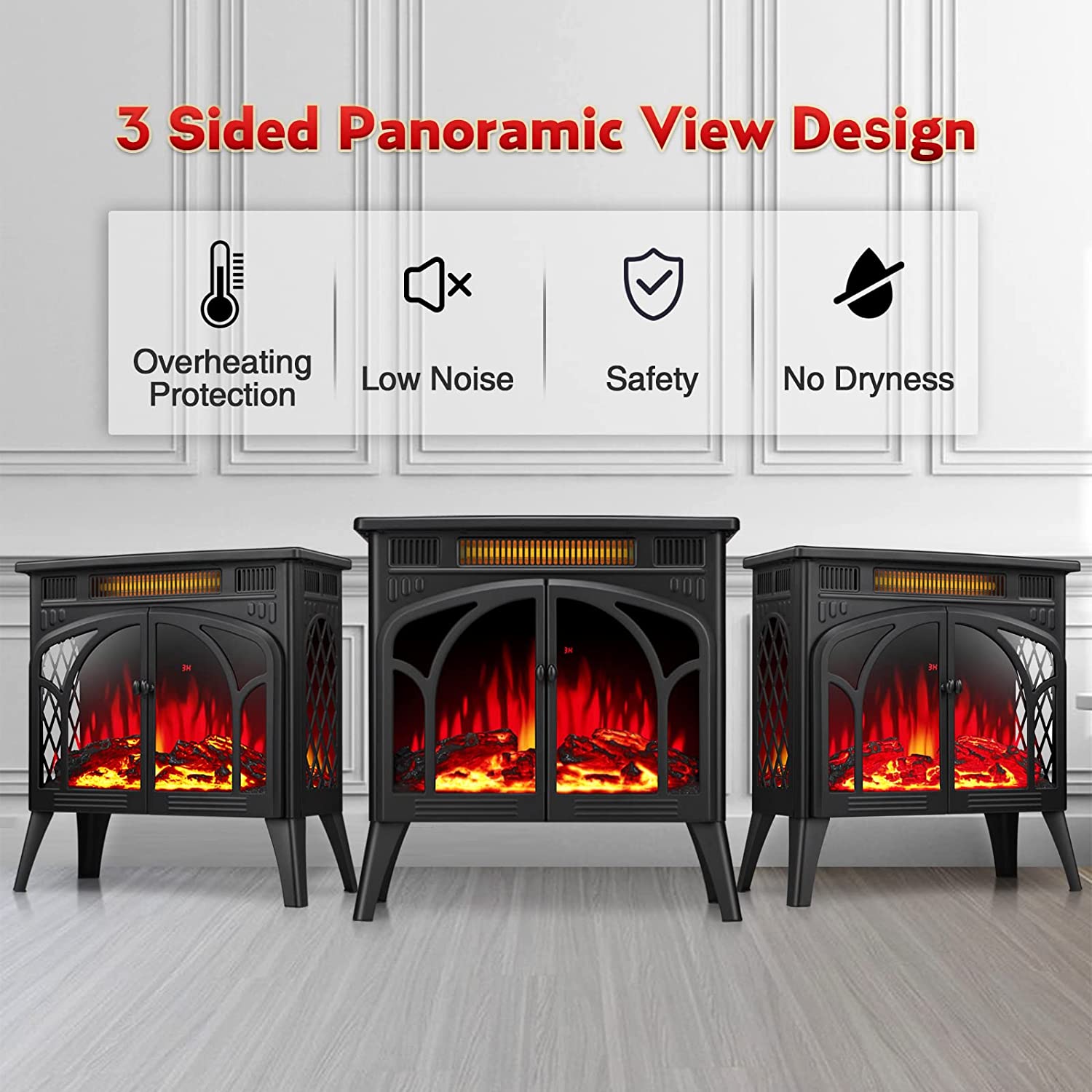 R.W.FLAME Electric Fireplace-Fireplace Stove with 3D Flame Effect Freestanding Portable Electric Fireplace Stove Heater with Remote Control (Black)