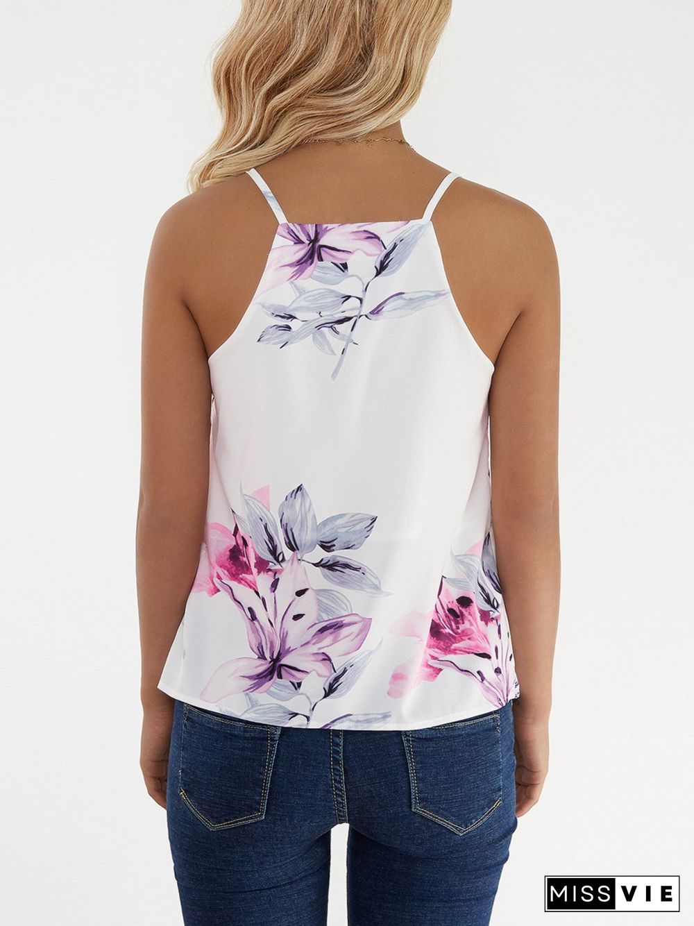 White Zipper Front Random Floral Print Cami Top