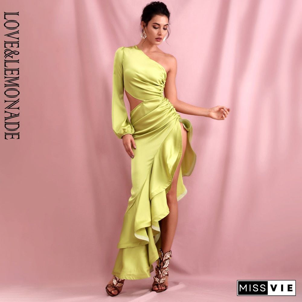 Sexy Green Off-Shoulder Side Whit Split Cut Out Ruffled Long Sleeve Maxi Dress LM82202-1