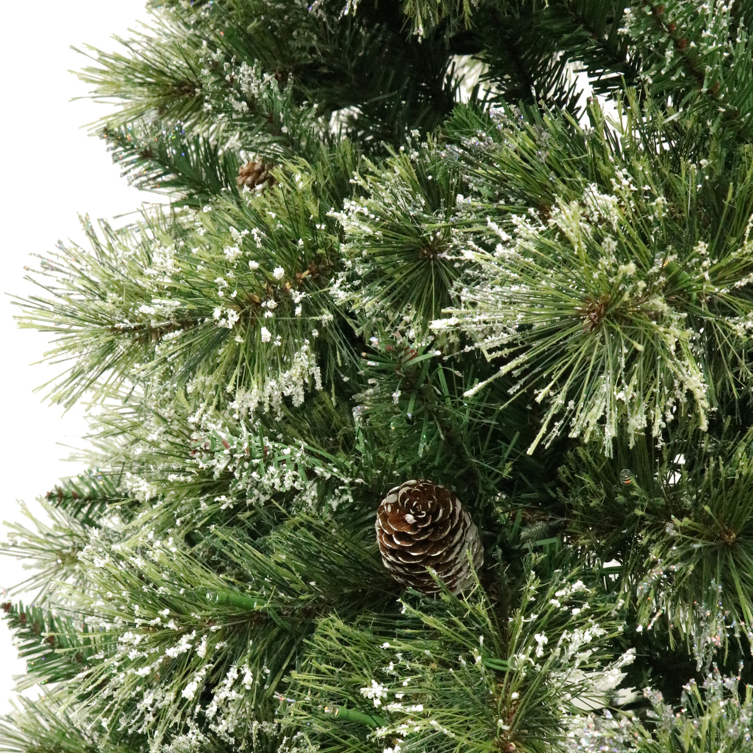 7.5-foot Cashmere Pine and Mixed Needles Pre-Lit Clear LED Hinged Artificial Christmas Tree with Snow and Glitter Branches and Frosted Pinecones