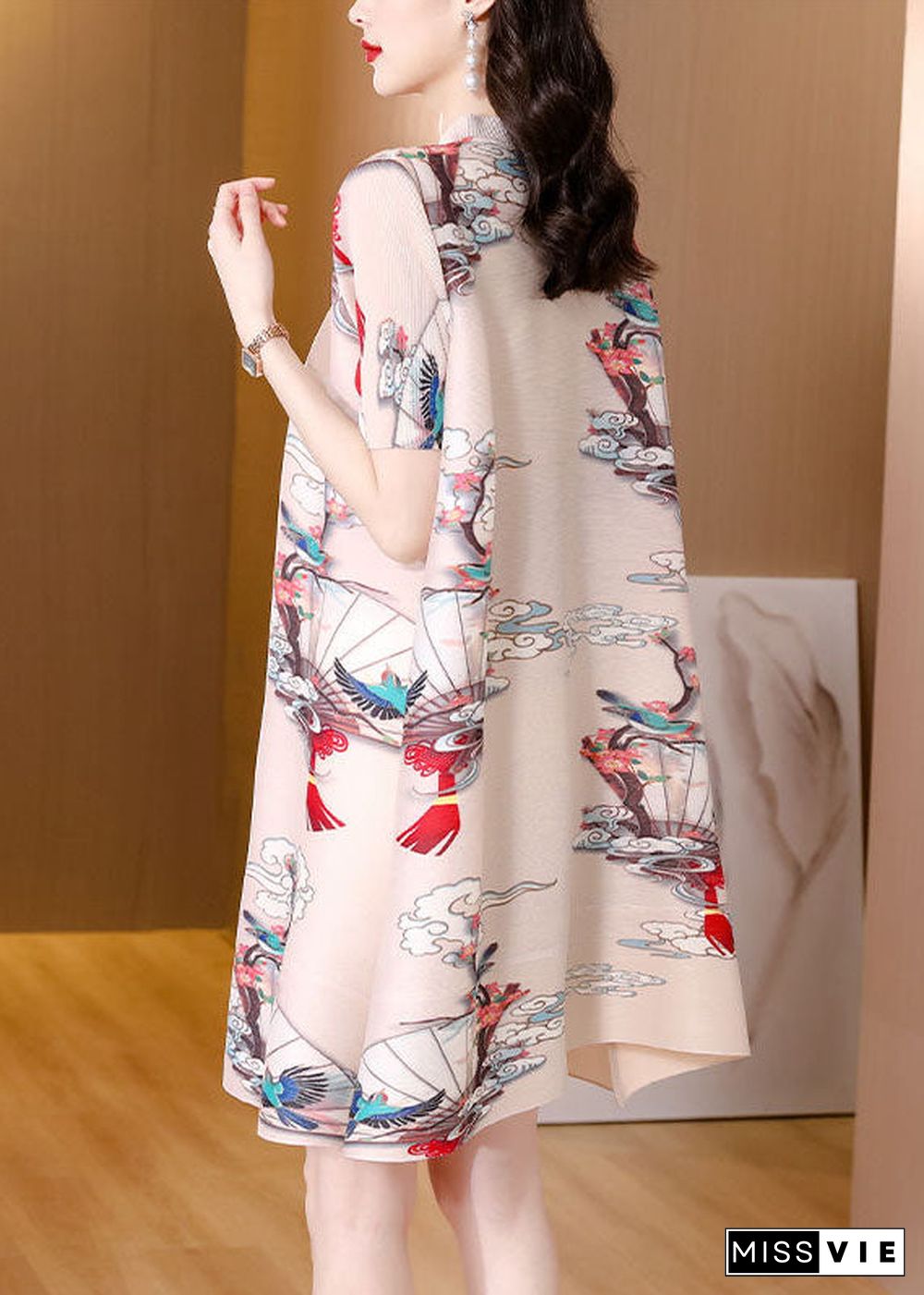 Original Design Apricot Mandarin Collar Print Oriental Button Wrinkled Silk A Line Dresses Short Sleeve