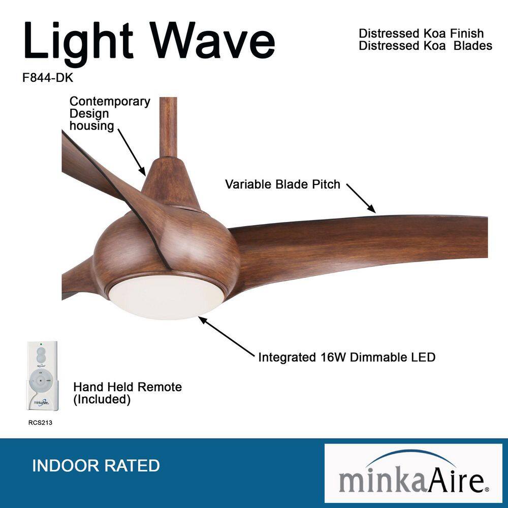 MINKA-AIRE Light Wave 52 in. Integrated LED Indoor Distressed Koa Ceiling Fan with Light with Remote Control F844-DK