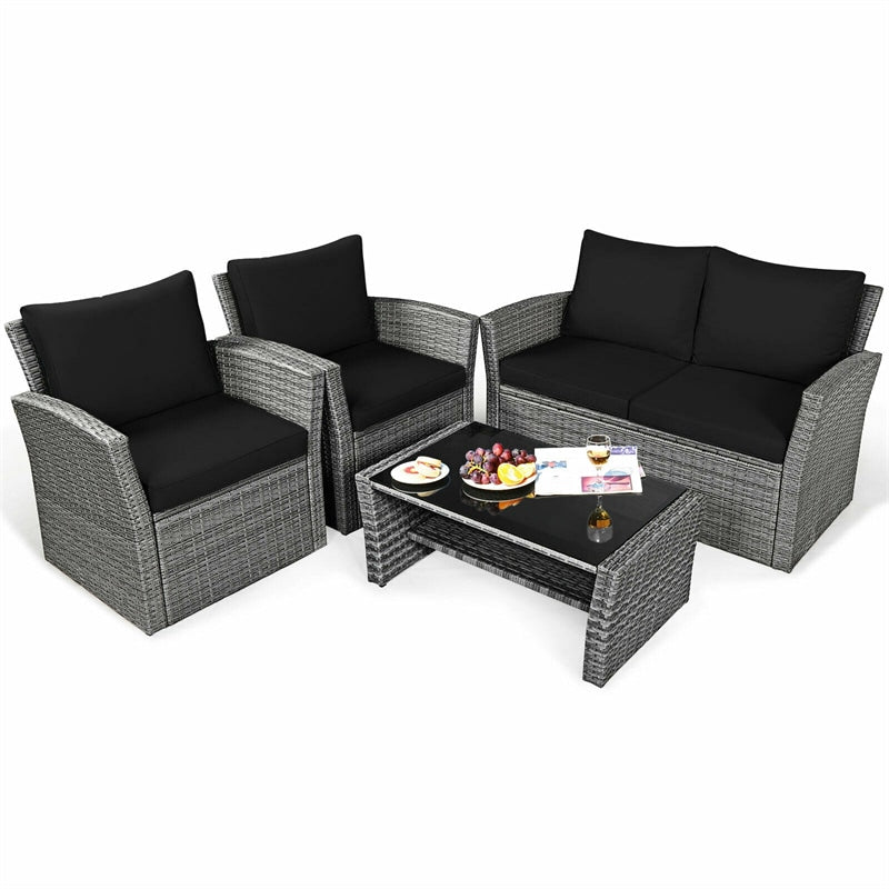 4 Pcs Rattan Patio Sectional Furniture Set with Storage Shelf Table, Cushioned Outdoor Wicker Conversation Sofa Set