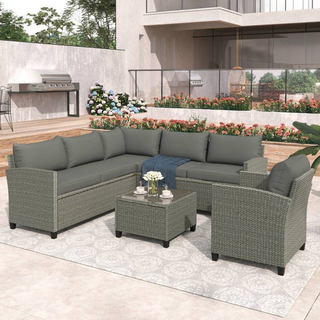 5pc Outdoor Wicker Conversation Set With Loveseats Sofa Arm Chair amp Coffee Table Gray Godeer