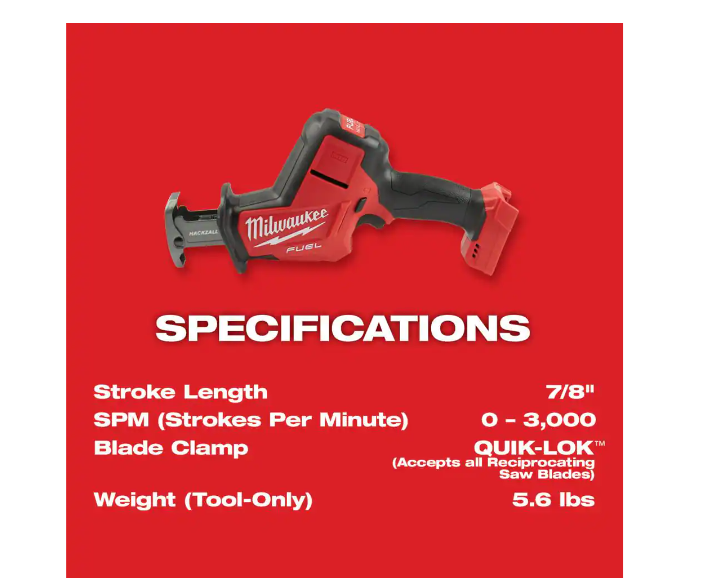 Milwaukee 2719-20-48-11-1820 M18 FUEL 18-Volt Lithium-Ion Brushless Cordless HACKZALL Reciprocating Saw with 2.0 Ah Battery