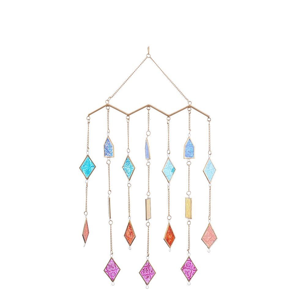 The Novogratz Multi Colored Metal Indoor Outdoor Geometric Windchime with Stained Glass