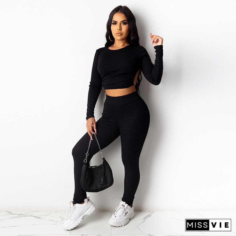 Long Sleeve Backless Bandage Crop Top Pants Set