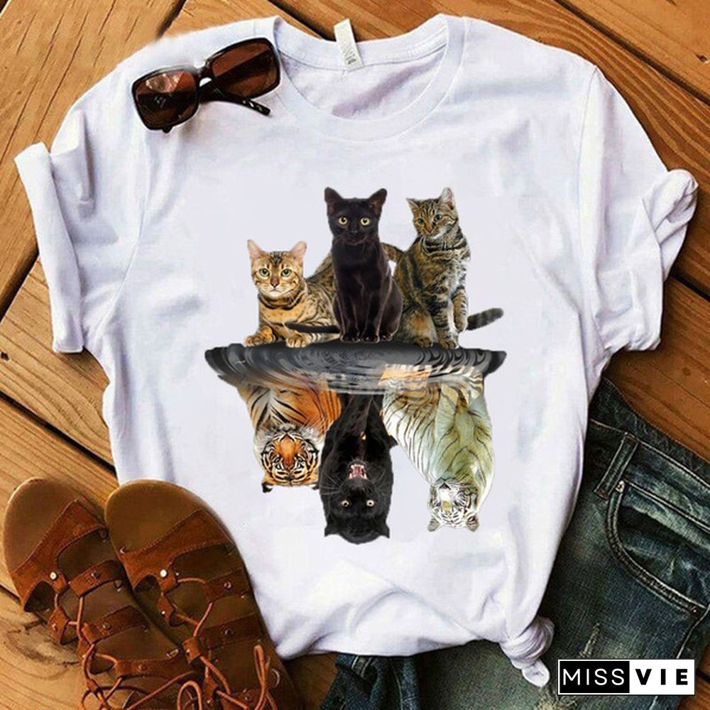 Women's Fashion Printed Cat And Tiger Print T-shirts Summer Casual Loose Round Neck Creative Personalized T-shirts