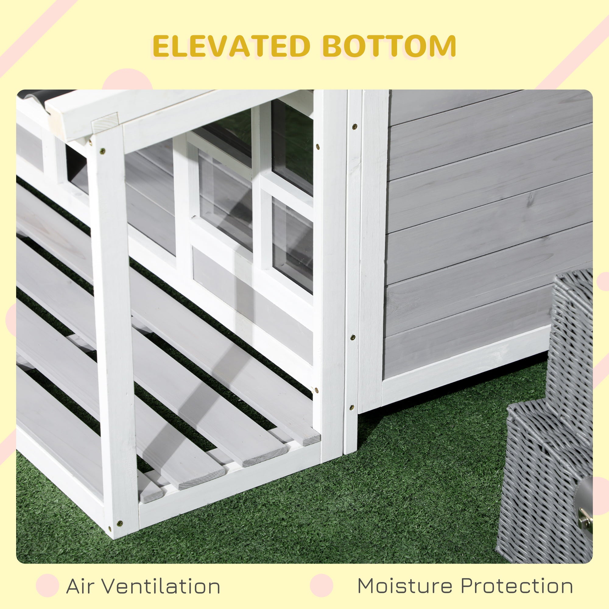 PawHut Wooden Dog House Outdoor with Porch， Cabin Style Raised Dog Shelter with PVC Roof， Front Door， Windows， for Large Medium Sized Dog