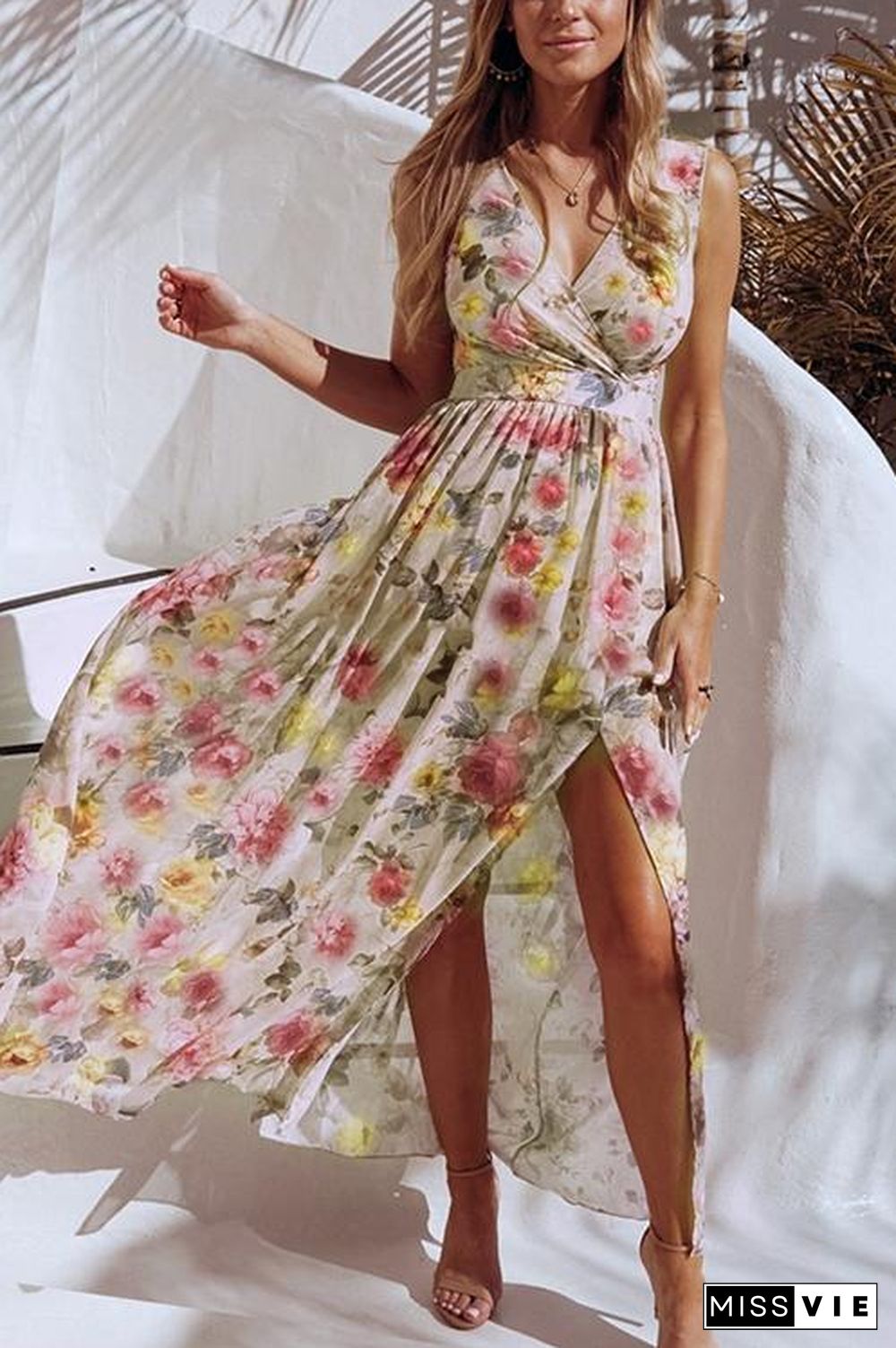 V Neck Floral Print Maxi Dress