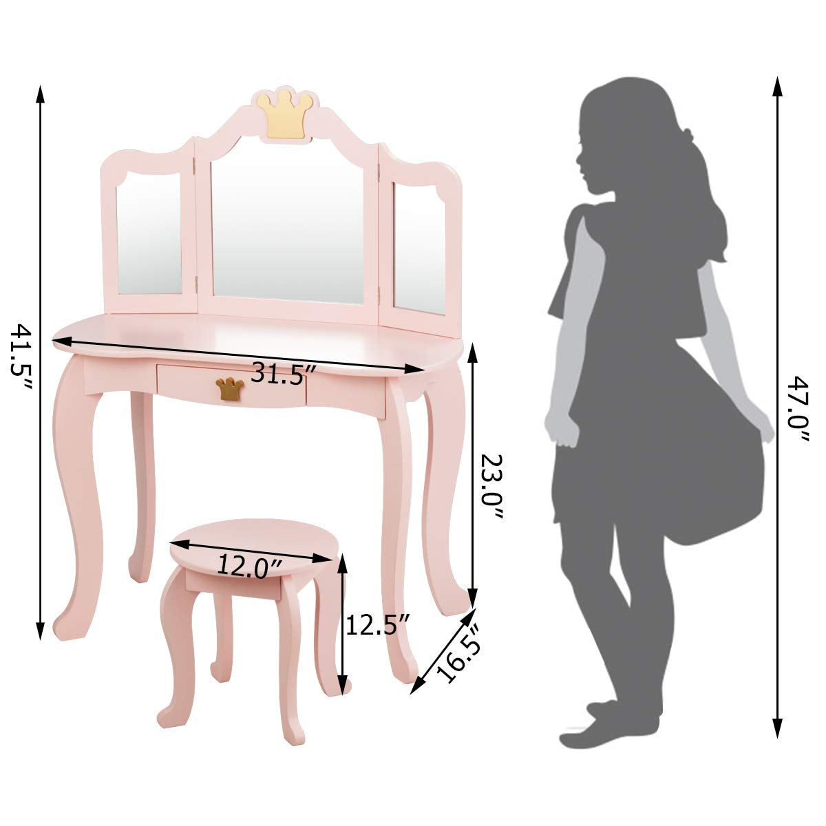 Costzon Kids Vanity Table and Chair Set,2 in 1 Vanity Set with Detachable Top, Pretend Beauty Play Vanity Set for Girls