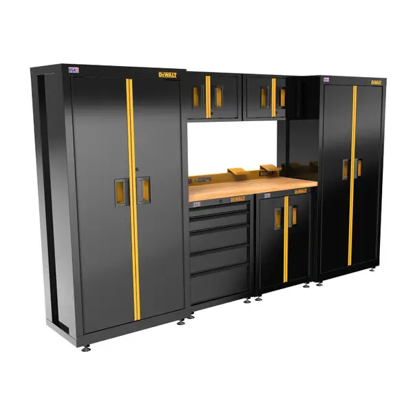 DEWALT 126 Wide， 7 Piece Welded Storage Suite with 2-Door and 5-Drawer Base Cabinets and Wood Top