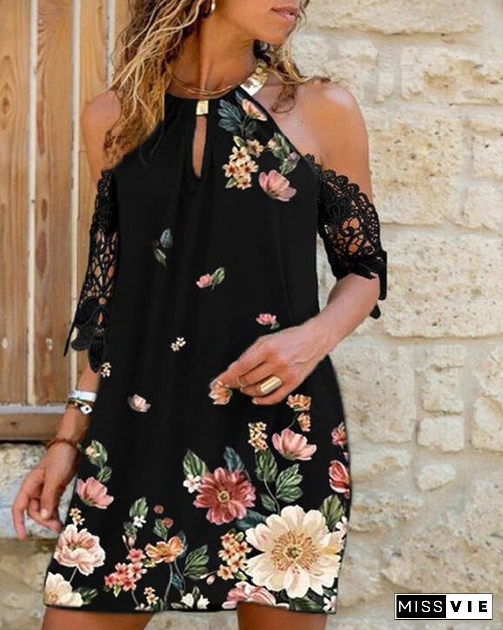 Printed Straight Knee Above Casual Tunic Waist Drop Sleeve Dress