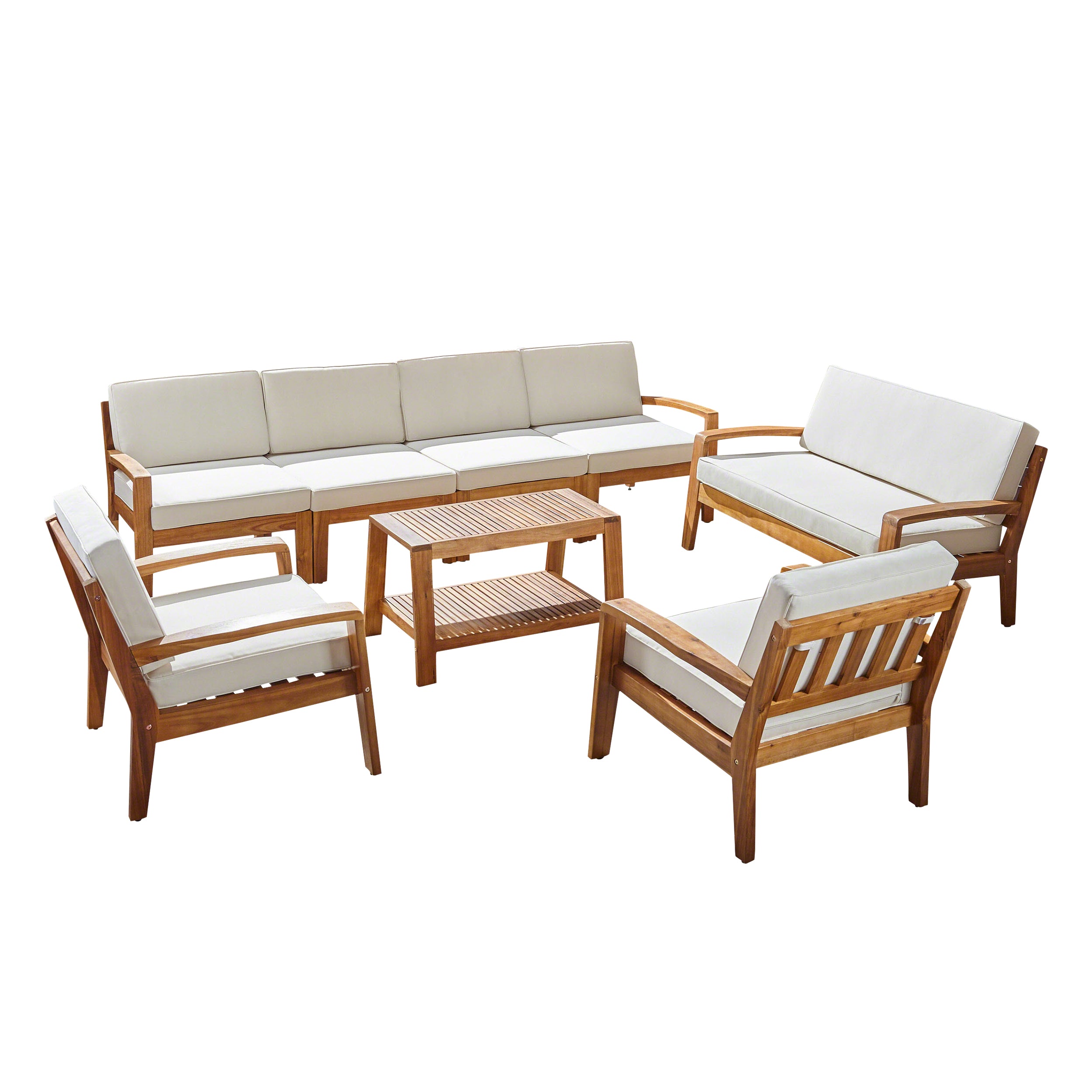 Giselle Outdoor Acacia Wood 8 Seater Sectional Chat Set with Coffee Table