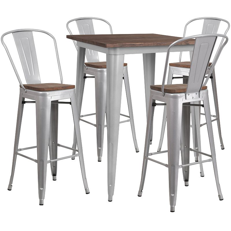 Emma and Oliver 31.5 Square Silver Metal/Wood Bar Table Set - 4 Stools