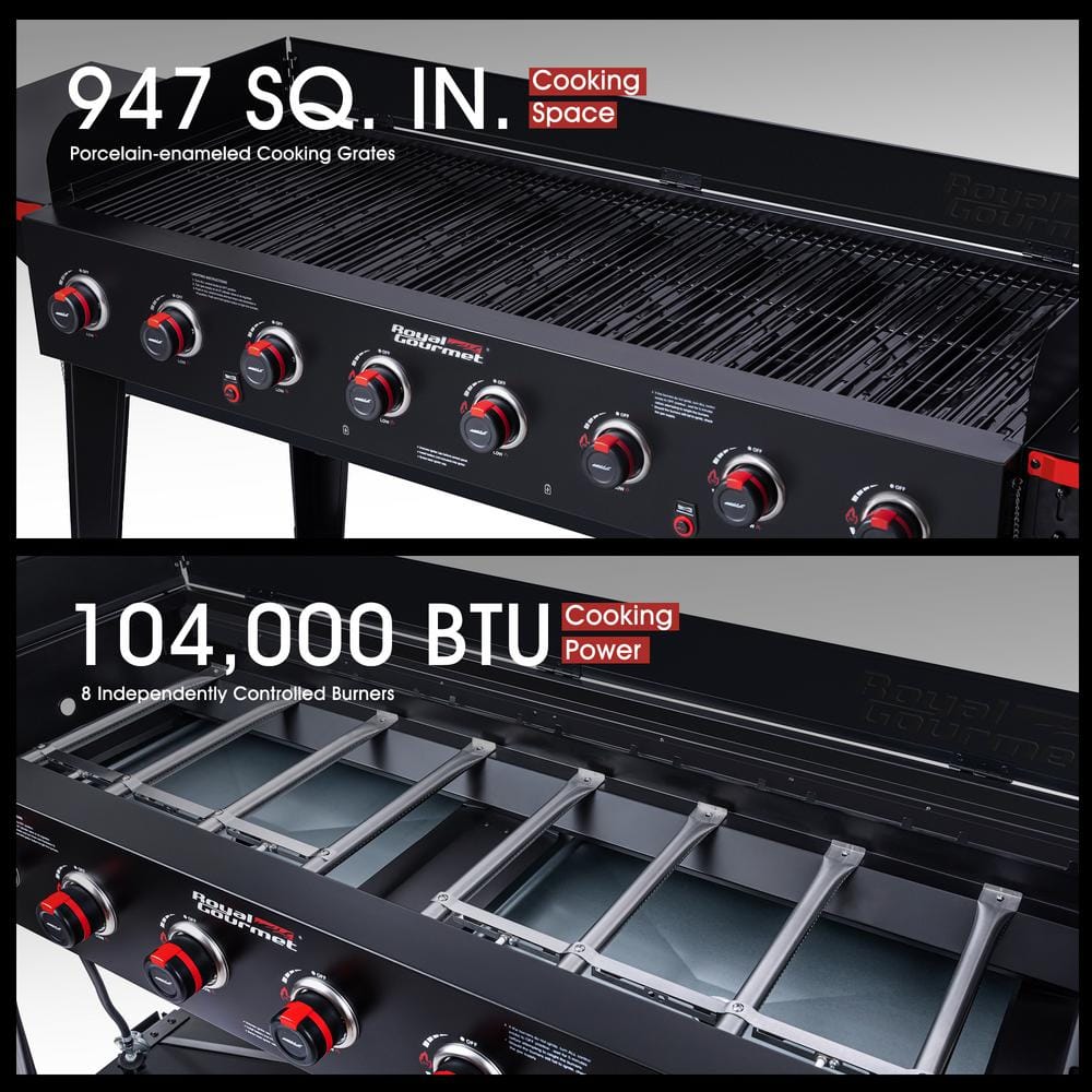 Royal Gourmet 8-Burner Event Propane Gas Grill with 2 Folding Side Tables in Black GB8003