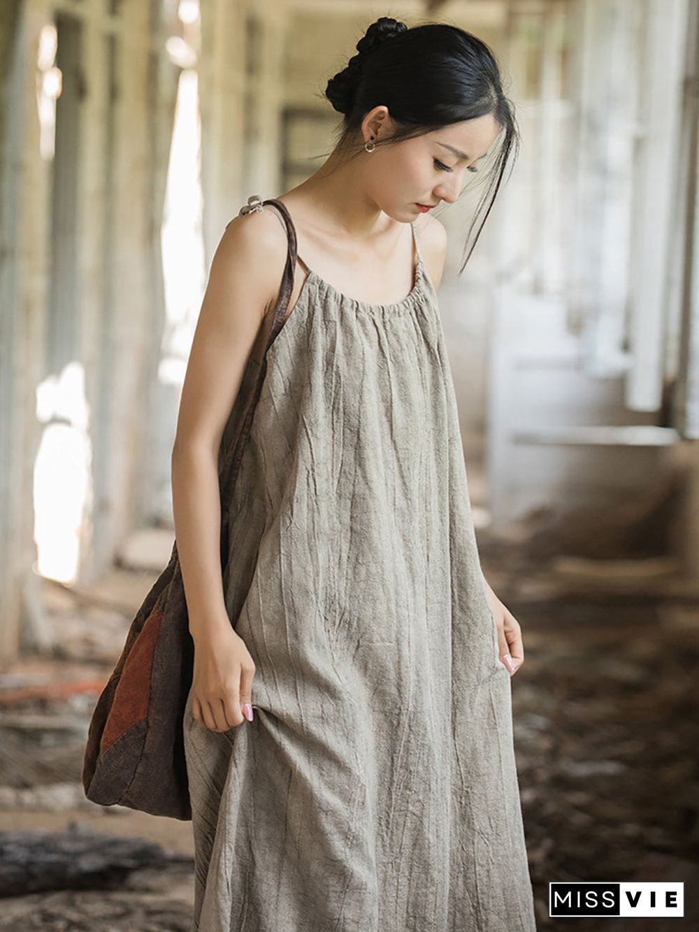 Women Summer Vintage Solid Loose Vest Dress