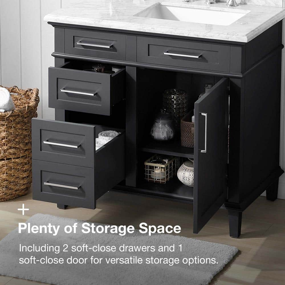 Home Decorators Collection Sonoma 36 in W x 221 in D x 345 in H Freestanding Bath Vanity in Dark Charcoal with Carrara Marble Marble Top