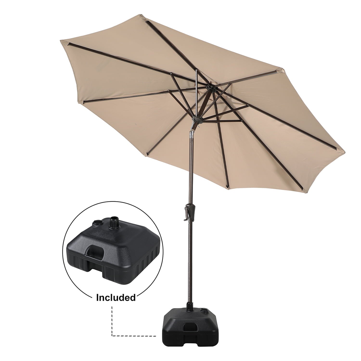 Patio Umbrella with Patio Market Umbrella Base, 9-Feet Outdoor Table Market Umbrella with 26.5lb Heavy Duty Resin Square Outdoor Stand, Push Button Tilt/Crank, 8 Ribs, Beige