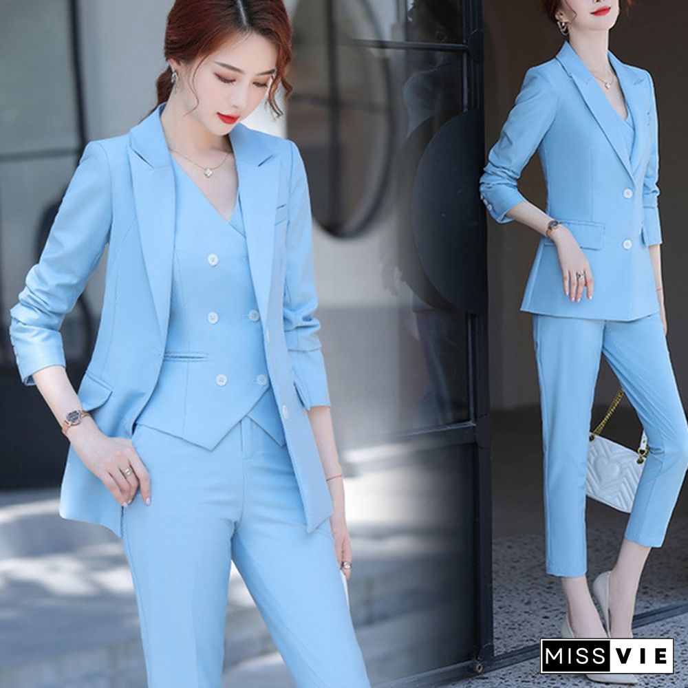 3 Piece Set Women Suits Elegant Ol Slim Blazer Suit+Double Breasted Vest+High Waist Skinny Ankle Length Pants Outfit Sets