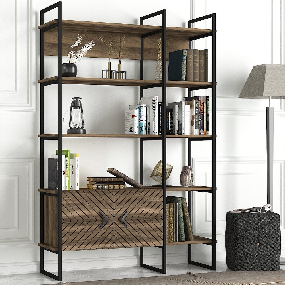 Wide Tall Book Display Shelves with Cabinet  Modern Bookcase with 2 Doors 5 Shelves  Rustic Bookshelves with Metal Frame