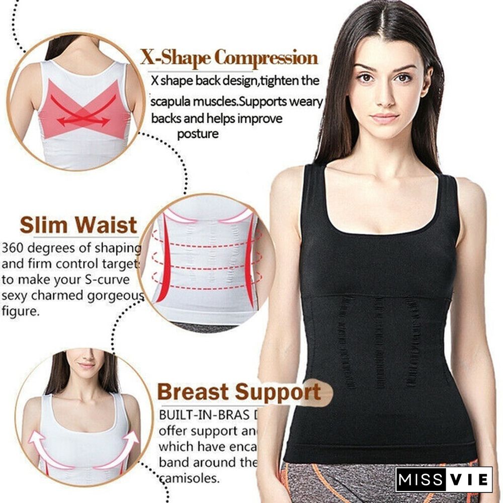 Women's Casual Cami Shaper Compression Shirt Tank Top with Padded Built in Bra Camisole Body Slimming Shapewear