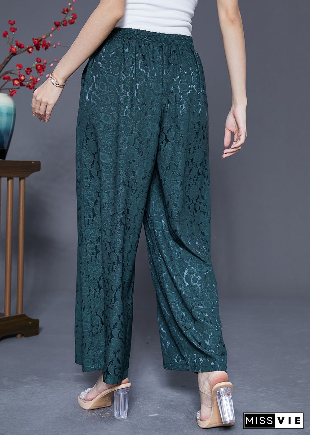 Blackish Green Silk Straight Pants High Waist Tassel Summer