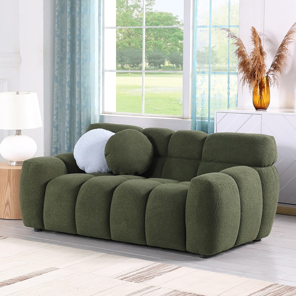 Boucle Loveseat Sofa Marshmallow Lounge Loveseat Sofa with Rolled Arms and Split Back  for Living Room Settee Chair  Olive Green