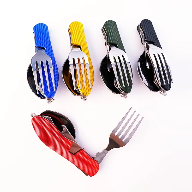 4 in 1 Foldable Stainless Steel Fork Spoon Knife and Bottle Opener Combination Kits Camping Utensil Cutlery Set