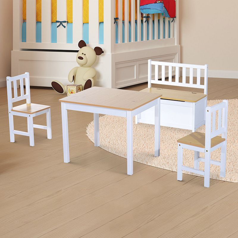 Qaba 4 Piece Kids Table Set with 2 Wooden Chairs 1 Storage Bench and Interesting Modern Design Natural/White